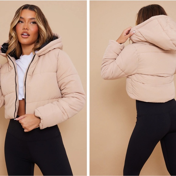 PrettyLittleThing Jackets & Blazers - NEW PrettyLittleThing Stone Basic Hooded Cropped Puffer Jacket